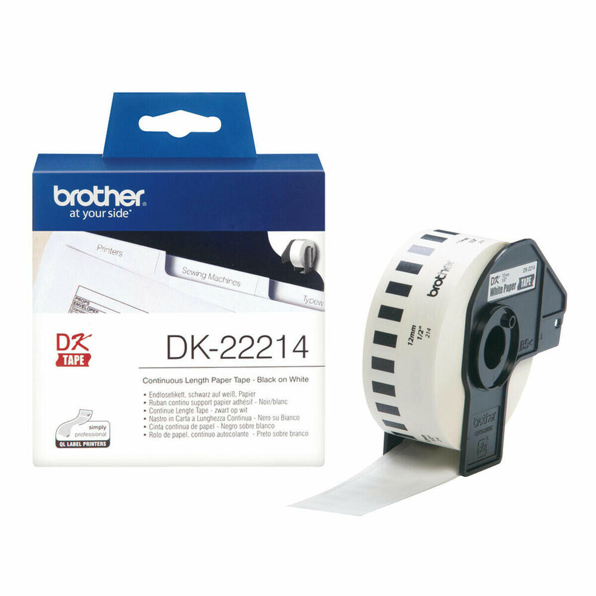 Cinta Continua de Papel Térmico Brother DK-22214 12 x 30,48 mm Blanco Negro Negro/Blanco  Comprati.