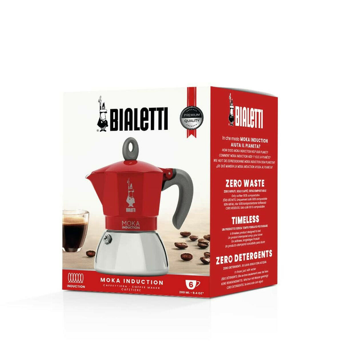 Cafetera Italiana Bialetti Moka Induction Negro Rojo Metal Acero Inoxidable Aluminio 300 ml 6 Tazas  Comprati.