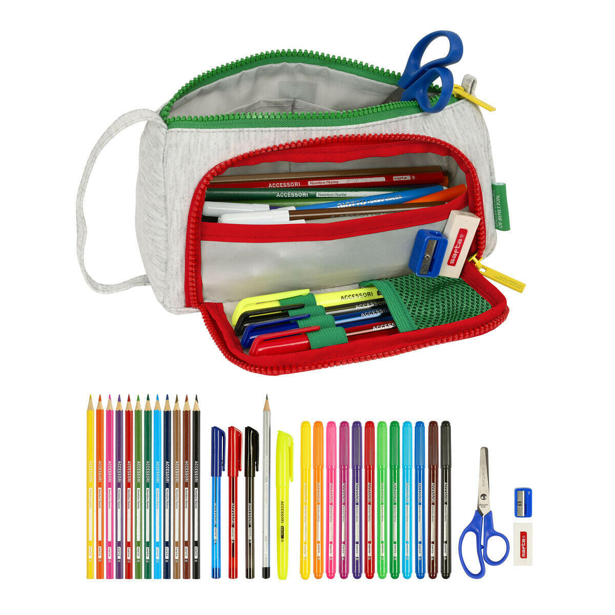 Estuche Escolar con Accesorios Benetton Pop Gris 20 x 11 x 8.5 cm (32 Piezas)  Comprati.