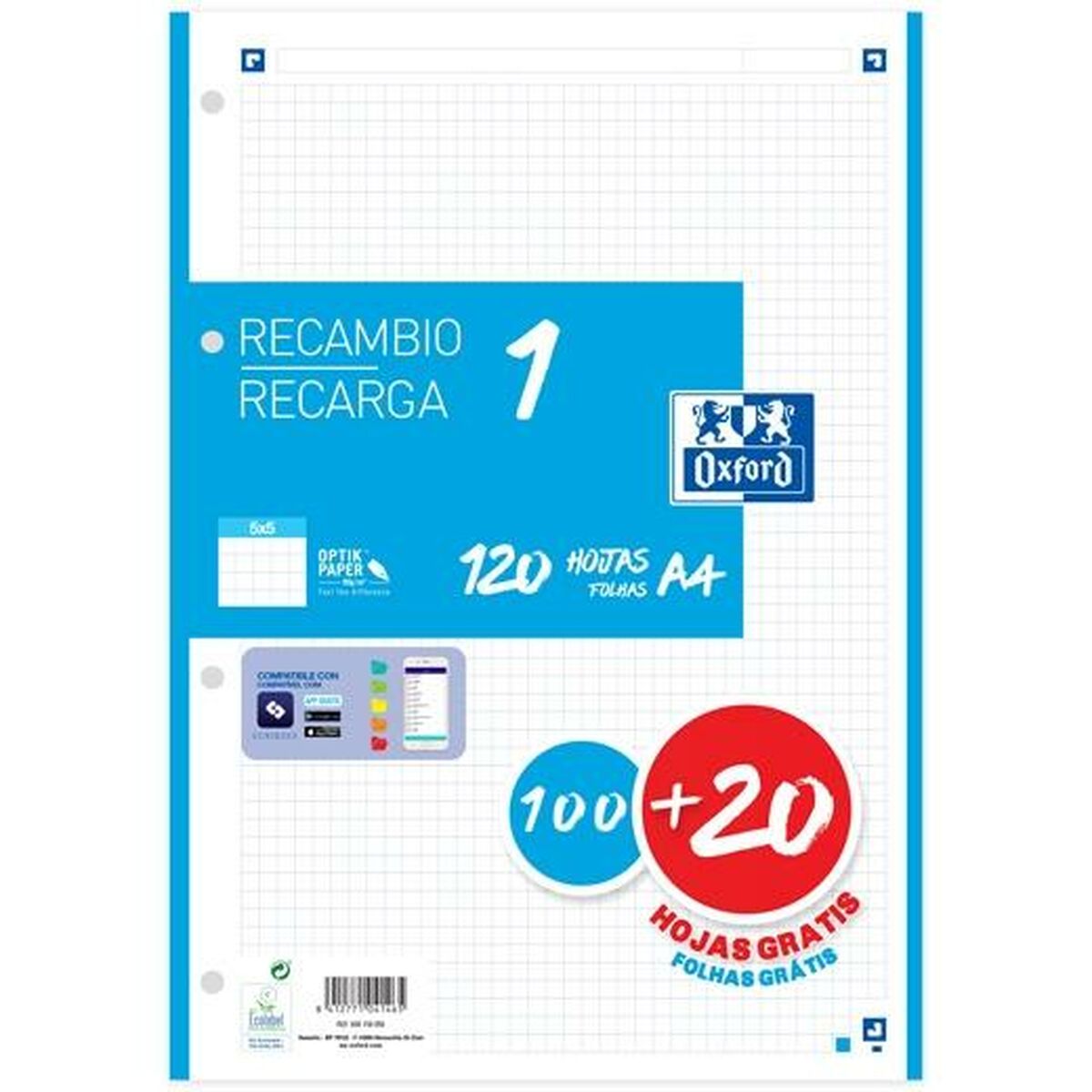 Hojas de cuadrícula Oxford Classic Azul A4 120 Hojas Recambio (13 Unidades)  Comprati.