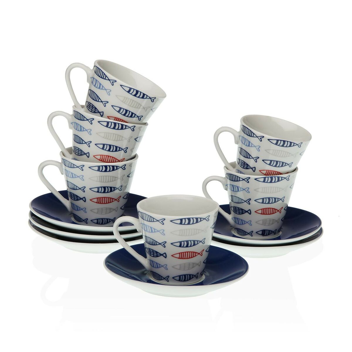 Juego de Tazas con Platos Versa Porcelana 5,8 x 6 x 5,8 cm Peces Café (12 Piezas)  Comprati.