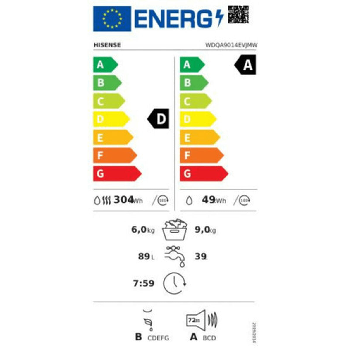 Lavadora - Secadora Hisense WDQA9014EVJMW 1400 rpm 9 kg 6 Kg  Comprati.