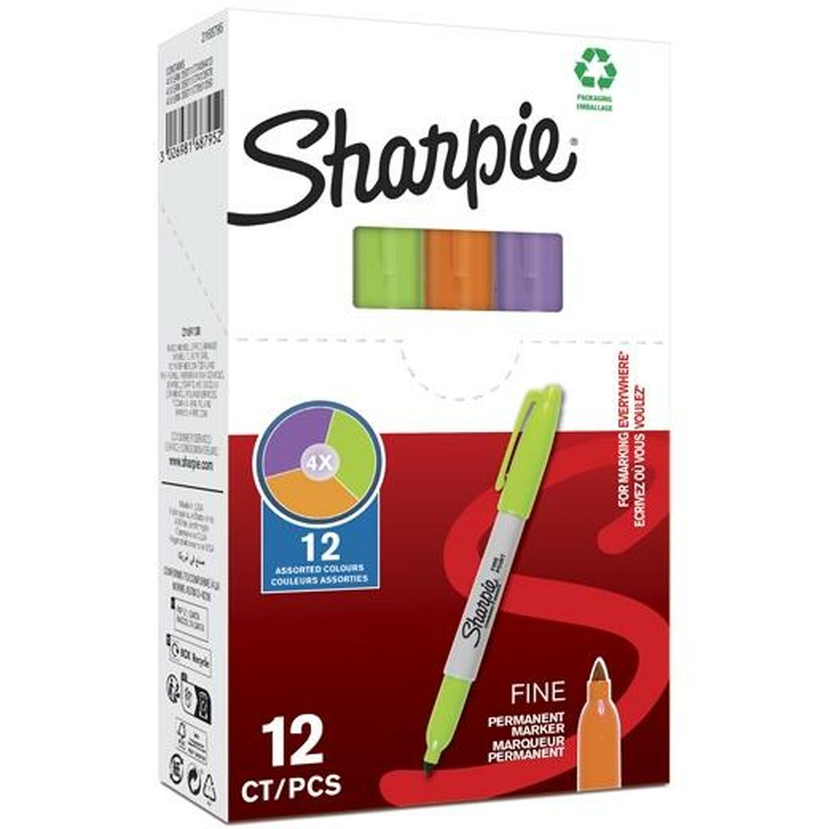 Rotulador permanente Sharpie Verde Morado Naranja (12 Unidades)  Comprati.